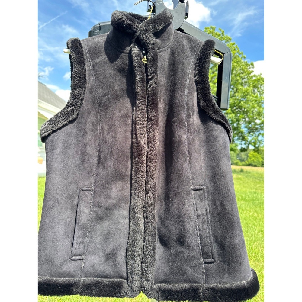 Chaps Women Black Faux Suede Fur‎ Lined Zip Up Vest Size Medium Shearling Style